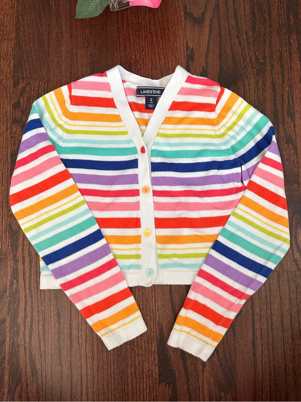 Lands End rainbow stripe cropped cardigan, size S/7-8